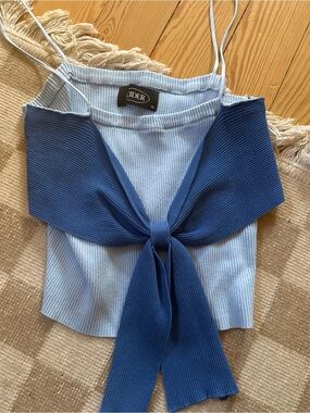 Cider Light Blue Ribbed Tank with Navy Tie Front